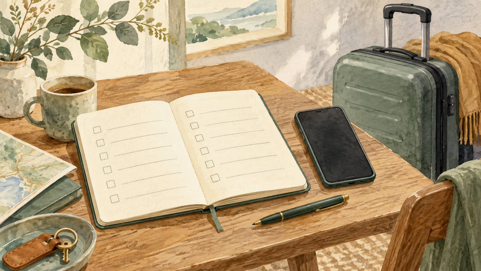 Illustration of a blank checklist notebook and phone on a table, with a suitcase nearby.