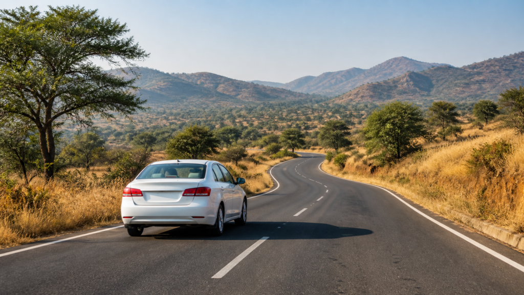 Private car on a scenic road through India’s regional landscape