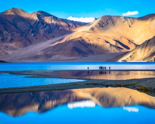 Landscape with reflections of the mountains on the lake named Pangong Tso, situated around Leh, Ladakh, India.
